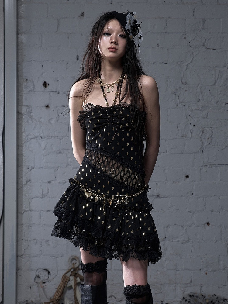 Beige/Black Neck Waist Polka-dot Vintage Halter Lace Patches