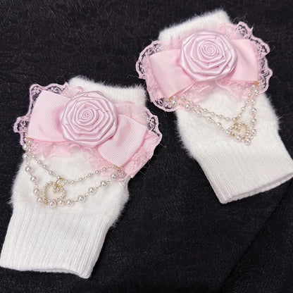 Pink Chains White Bow Rose and Accent Gloves with Pearl