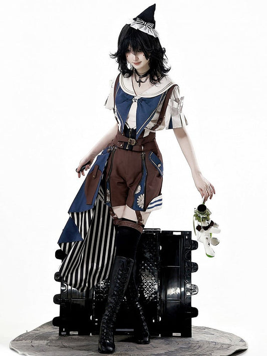Overall Steampunk + - Blaues Outfit Gestreiftes Hemd Kragen Schleppe Ouji Lolita Shorts Brauner Matrose