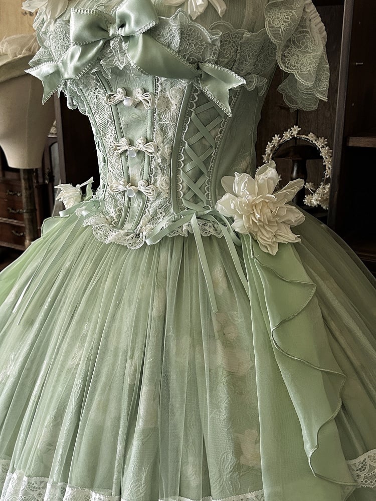 Version Long Floral + Lolita Green Top Frog Skirt with Jasmine-Embellished Buttons Corset Print
