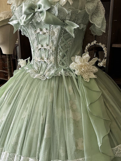 Version Long Floral + Lolita Green Top Frog Skirt with Jasmine-Embellished Buttons Corset Print