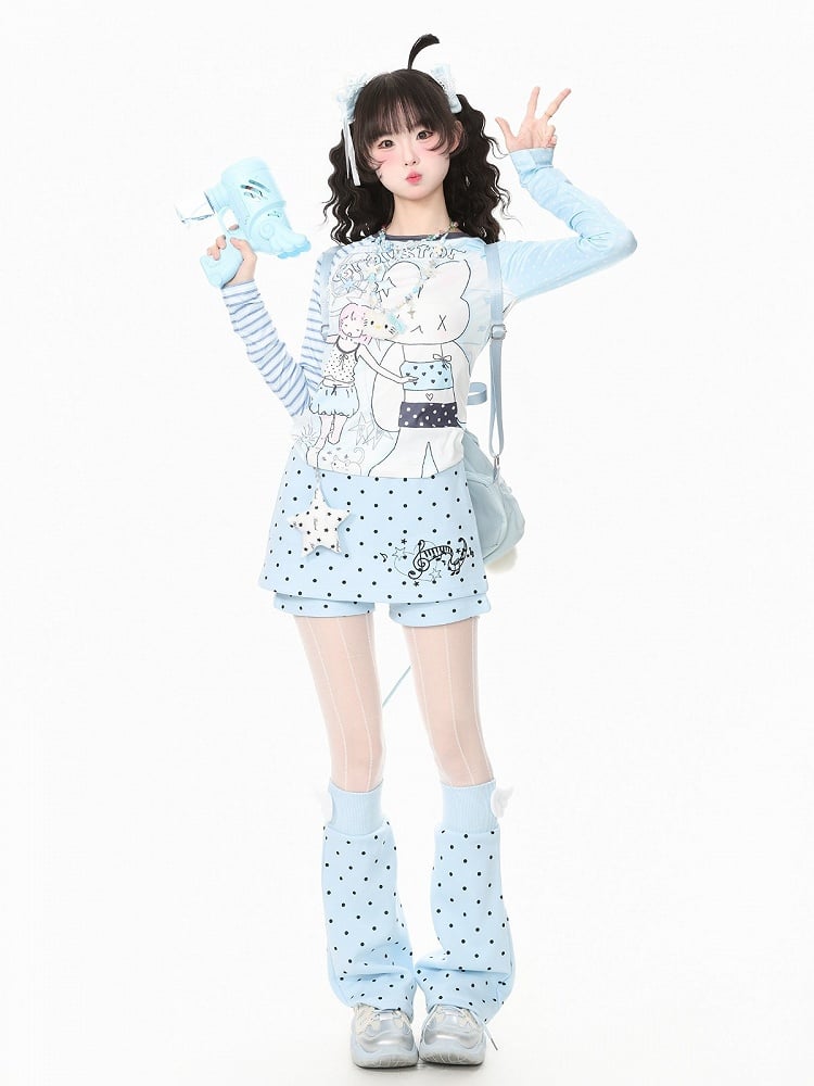 Otaku Kawaii Blue Dot Two Piece Skort Music Note Star Charm Leg Warmers - Languid Park