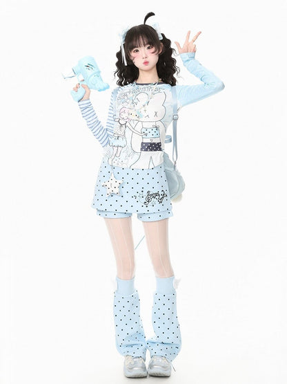 Otaku Kawaii Blue Dot Two Piece Skort Music Note Star Charm Leg Warmers - Languid Park