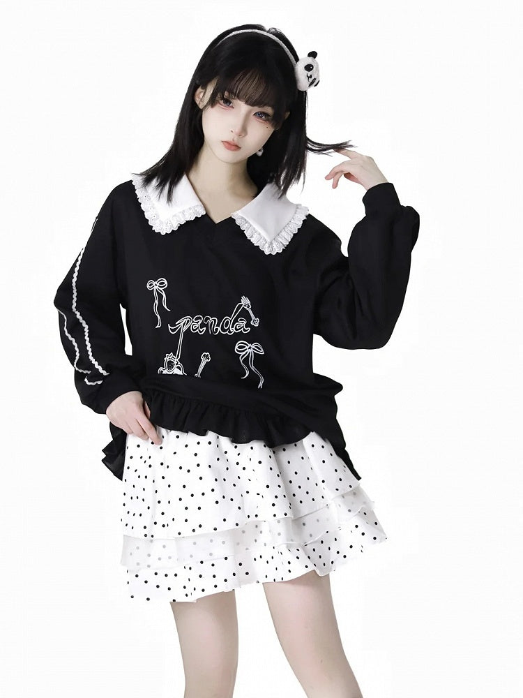Short/Long Top Sleeves Panda Dessert Print Ruffled Pointed Flat Collar Ruffled Hem Black