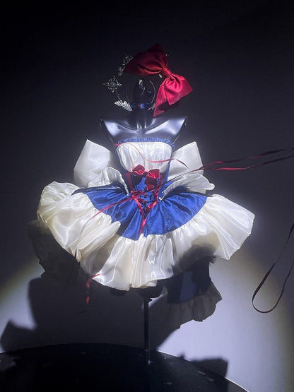 Waist Large Ribbon with Basque Blue Red Snow Accents Princess Bow and Balletcore White Vibes Dress