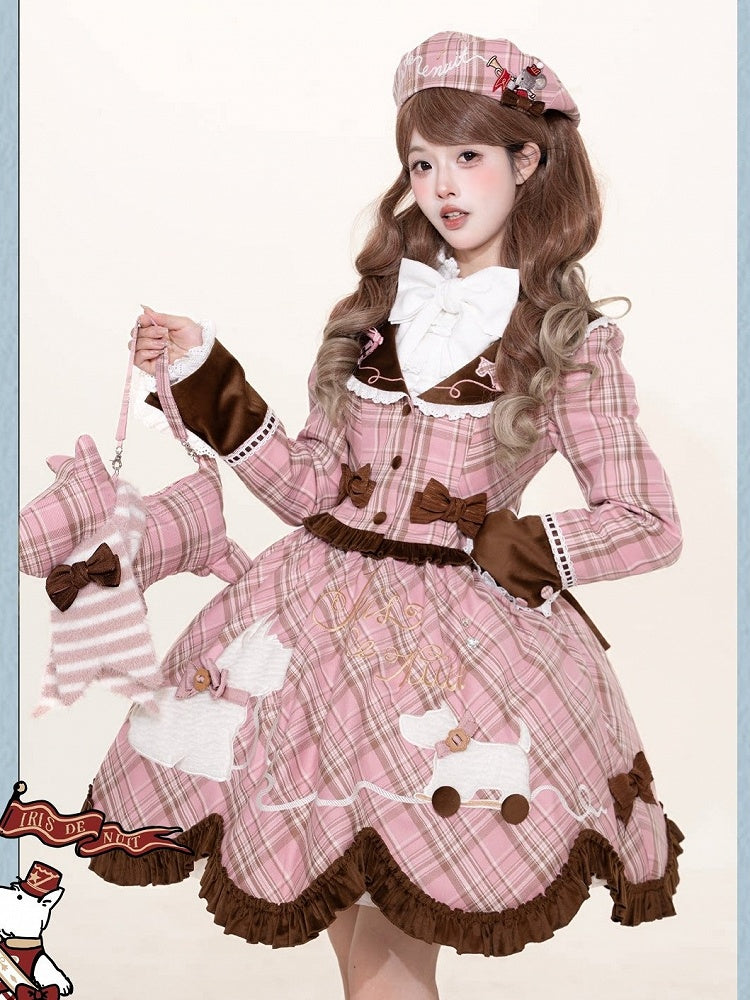 Winter Jumper Skirt in Pink Plaid with Cute Puppy Patchwork - iris de nuit