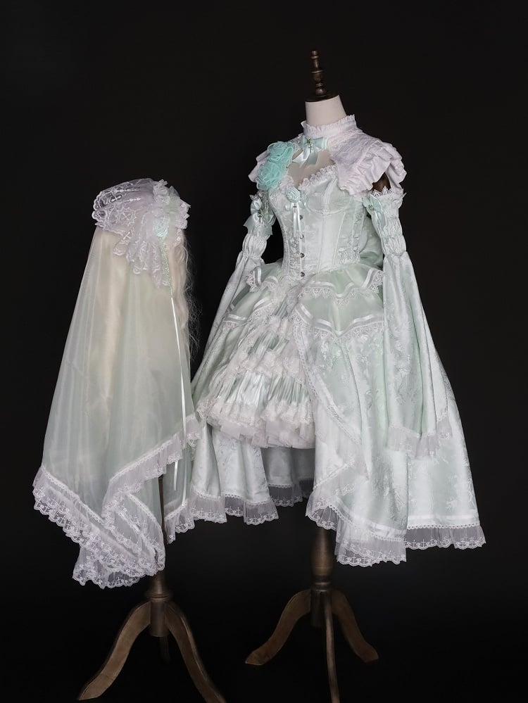Elegant Boned Corset Top with Skirt Collar Bell Sleeves and Accessories Full Set in Light Green - Somnium Isle