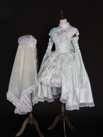 Elegant Boned Corset Top with Skirt Collar Bell Sleeves and Accessories Full Set in Light Green - Somnium Isle
