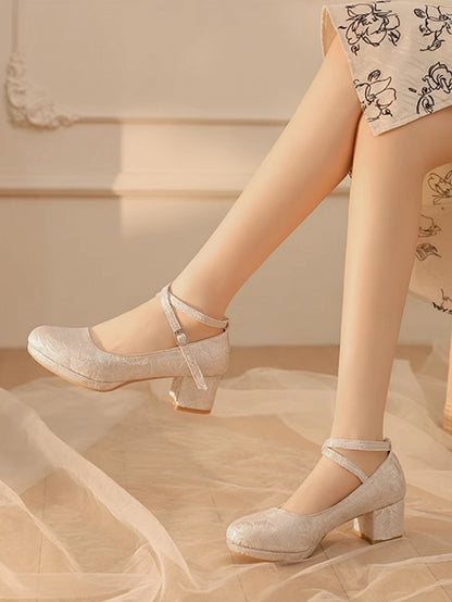 Qi Lolita Mid-Heel Crisscross Floral Beige Mart Design Pattern Janes - Satin