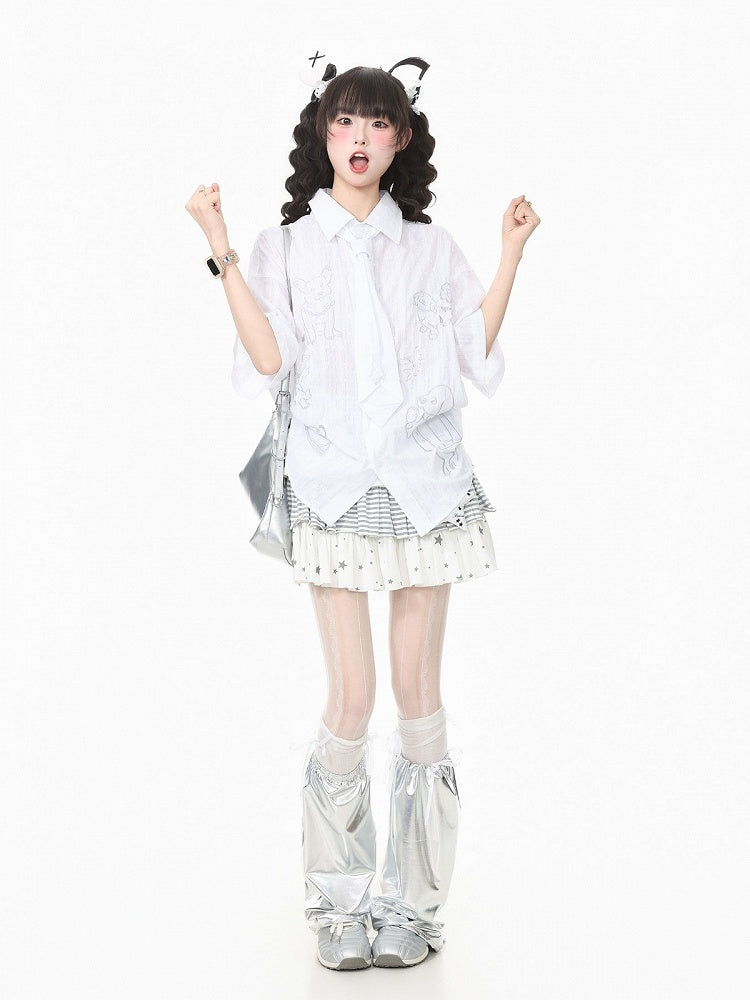 White Puppy Embroidery Short Sleeve Shirt with Tie - Languid Park