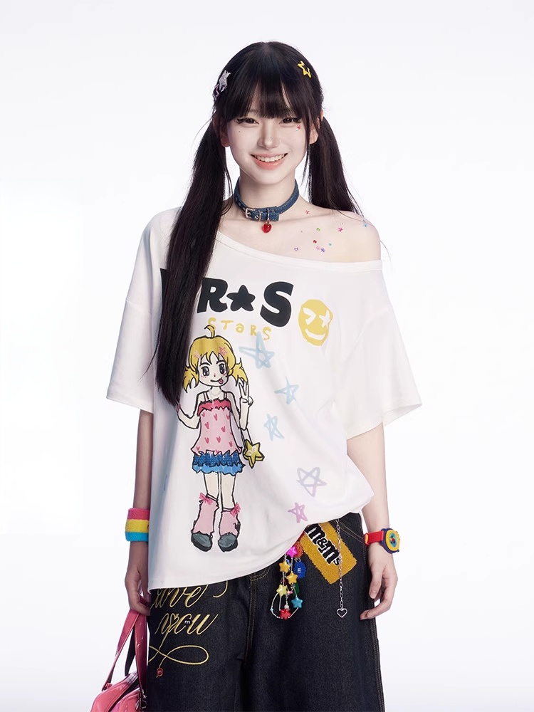 Bedrucktes schwarz-weißes T-Shirt mit asymmetrischem Ausschnitt und Vintage-Cartoon-Print