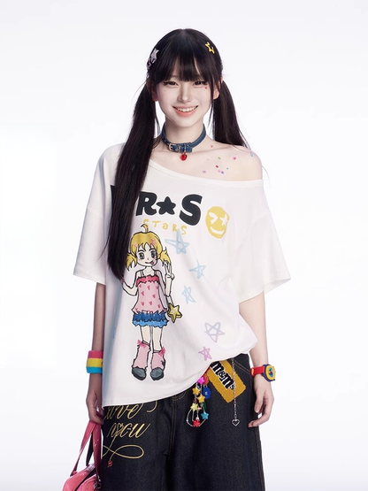 Bedrucktes schwarz-weißes T-Shirt mit asymmetrischem Ausschnitt und Vintage-Cartoon-Print