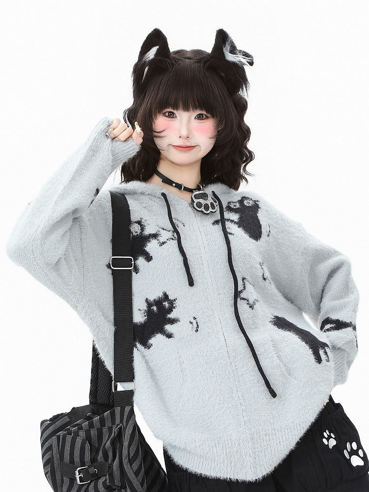 Hooded Kawaii Cat Jacket Patterns Star-shaped Zipper Knit Apricot/Grey Closure - Daily in