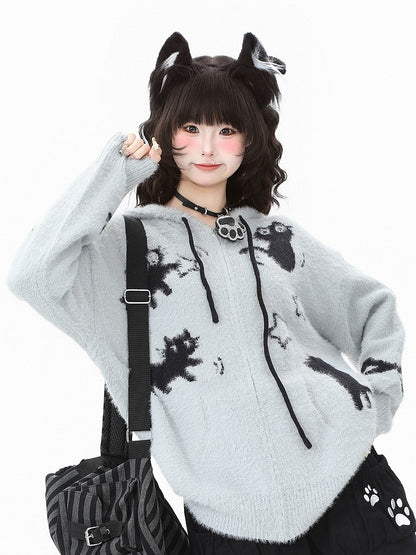 Hooded Kawaii Cat Jacket Patterns Star-shaped Zipper Knit Apricot/Grey Closure - Daily in