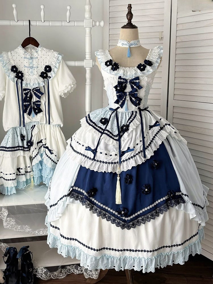 and Floral JSK Dark Lolita Sleeves Dress Embellished Flutter Blue Bow