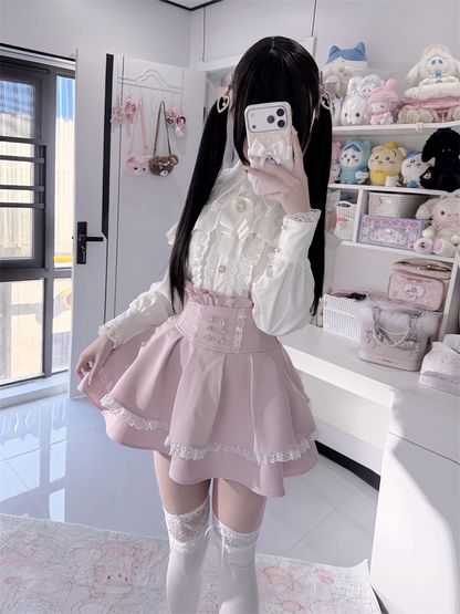 Pink Rhinestone-Embellished Lace Skirt High-Waist Ryousangata Trim