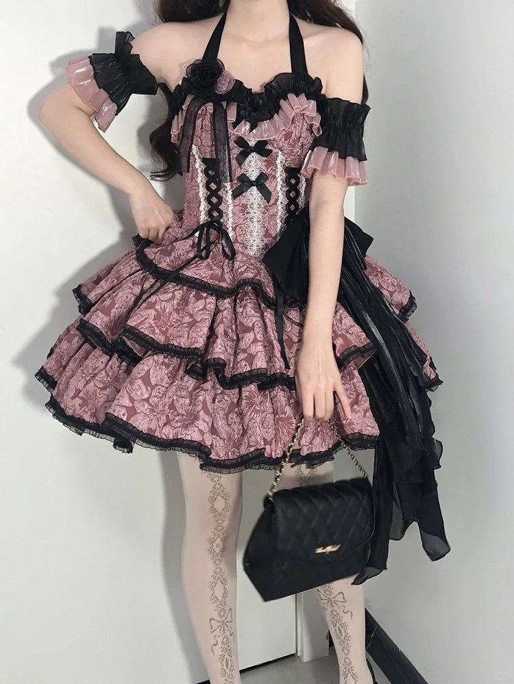 Lolita JSK with and Pink Texture Floral Dark Dress Black Skirt Multi-Layered