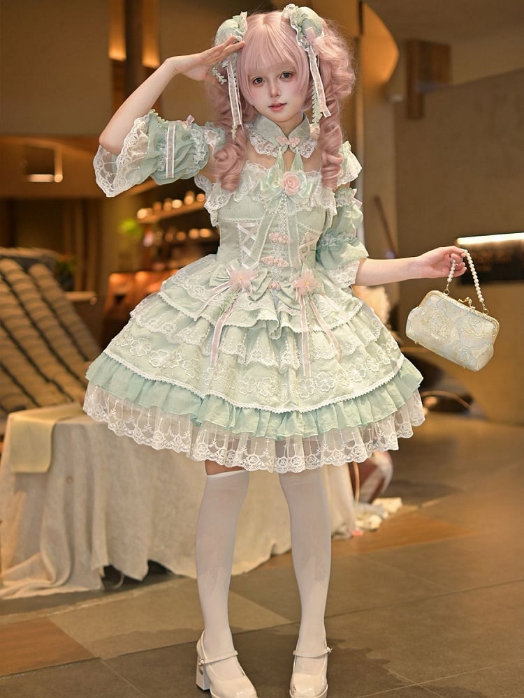 Frog Corset Chinoiserie Button Waist Layered Flower Bows Green Lolita with Dress