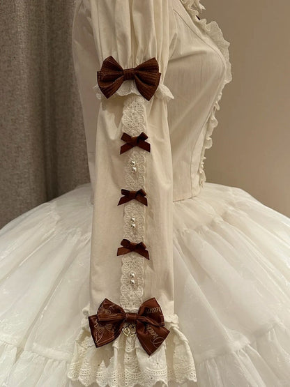 and Lolita Ruffled Pan Peter with Detachable Accents Brown Sleeves Collar Bow Blouse Beige