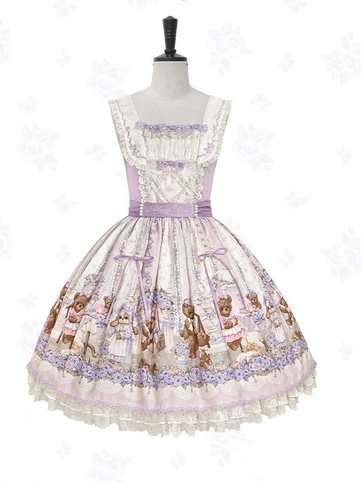 Purple Sweet Lolita Bear Motif Floral JSK Gown with Embroidery & Tulle Layer - Stars Fall on the Foggy Island