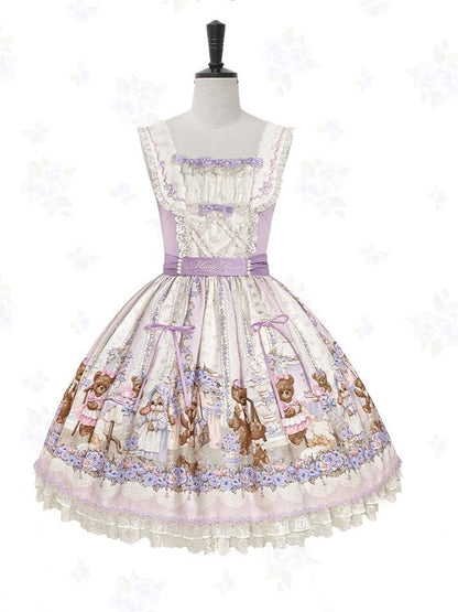 Purple Sweet Lolita Bear Motif Floral JSK Gown with Embroidery & Tulle Layer - Stars Fall on the Foggy Island