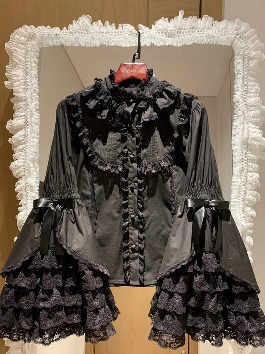 Layered Black Lolita Cotton Gorgeous Lace Bell Sleeves Blouse