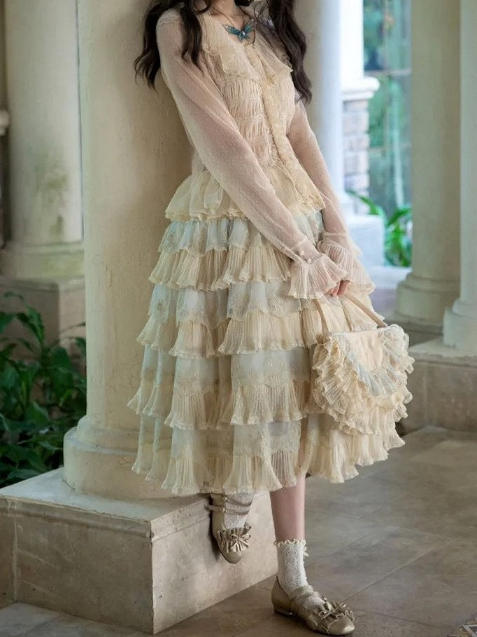 Details with Tulle Flower Multi-Layered Blue Lolita Beige Elegant Skirt Embroidery