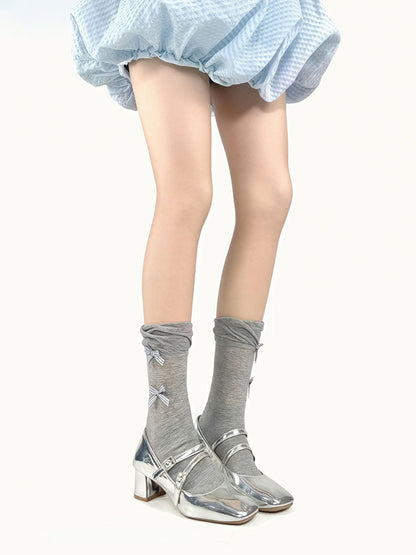 Bowknot Socks Slimming Black/White/Gray Breathable Decorated