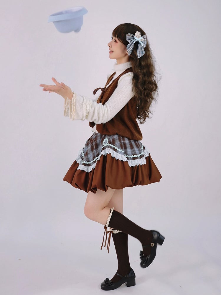 Brown + Bubble Set Knit Lolita Top Blue Plaid Skirt Waistcoat Sweet