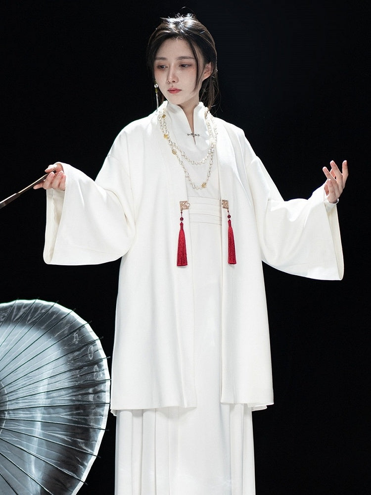 in Chain Chinese Unisex White Embroidery Coat Style Tassel Accents Removable
