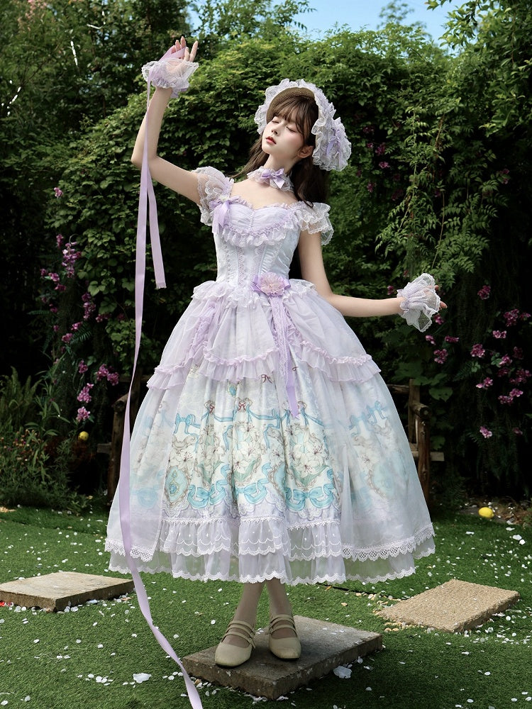 Purple Lily Print Lolita JSK Gown with Tulle Overlay and Back Bow Set - White Sugar Girl