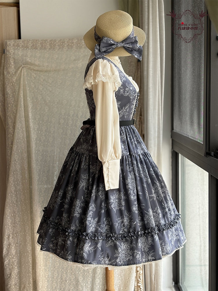 Gray & White Rosette Print Elegant Classic Lolita JSK Dress with Lace Trim
