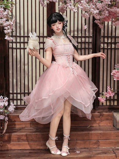 Green Teardrop Cutout Neck Chinoiserie Lolita OP Dress - With PUJI