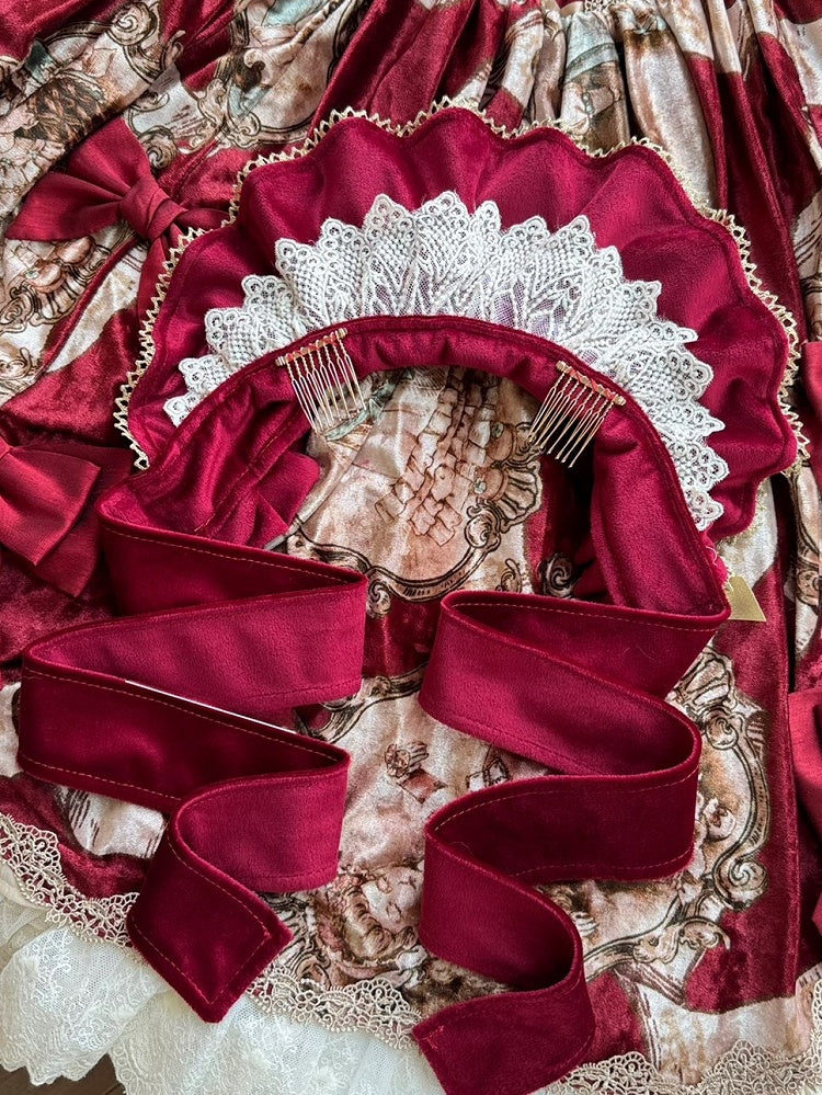 ワインベルベットレッド/ブラック+マットボンネット4つの蝶結びブローチトリムレース