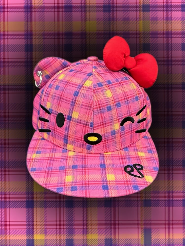 Pink Plaid Kitty Adjustable Baseball Cap with Detachable Bow