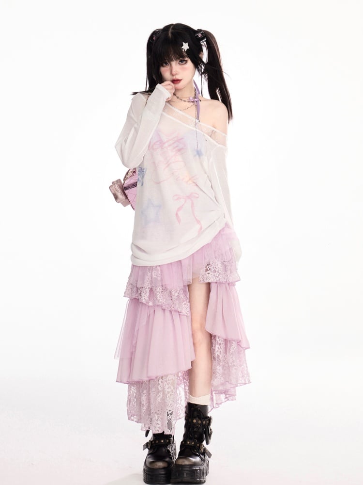 Design Waist Semi-Sheer Coverup White Asymmetrical Neckline Bowknot