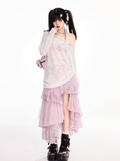 Design Waist Semi-Sheer Coverup White Asymmetrical Neckline Bowknot