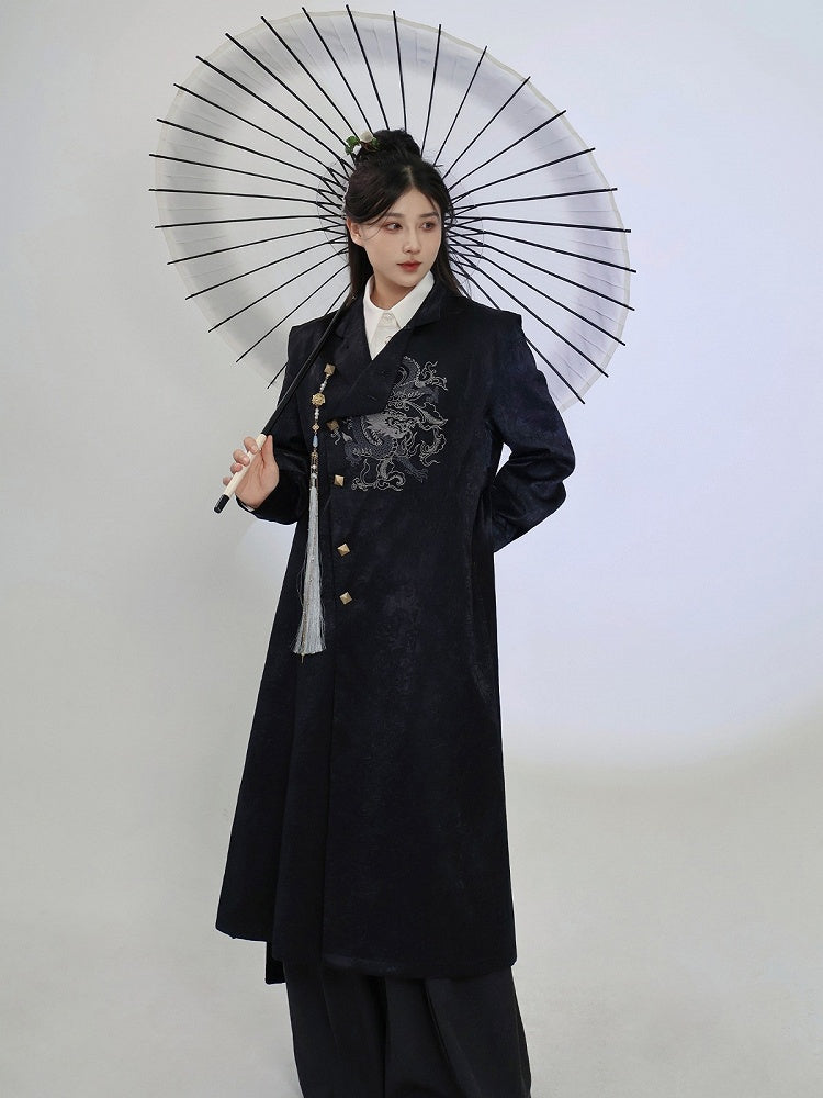 Black Trench Coat with Dragon Embroidery, Mandarin Collar & Detachable Tassel Trim - Feng Hua Gui Guo Ling