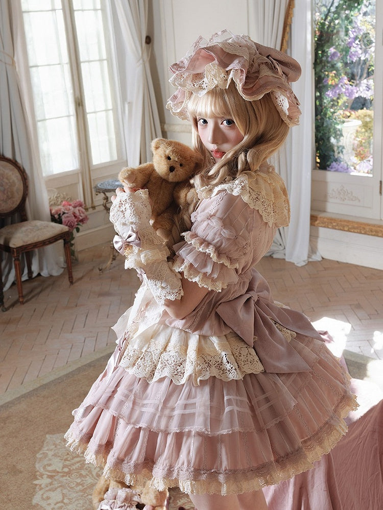 with Waist Sweet Low Sleeves Bow Lace Pink Beige Dress Ruffled Lolita and Accents