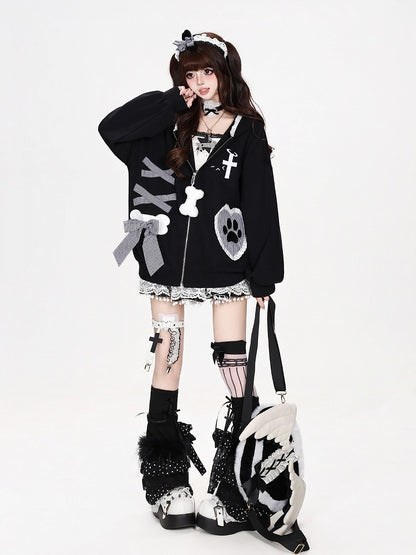 Kawaii Ruffled Kitty-Ear Hooded Jacket with Bow and Heart Patch in Black - CRAZY GIRL
