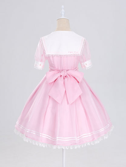Star Lace Trimmed Sailor Collar Short Sleeves Pink Lolita-inspired Casual Dress with Free Bowtie - Magical Girl - DevilInspired Exclusive Collection