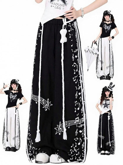 Black Music Note Printed Straight Leg Pants with Waist Cord - Kawaii Daily - CRAZY GIRL