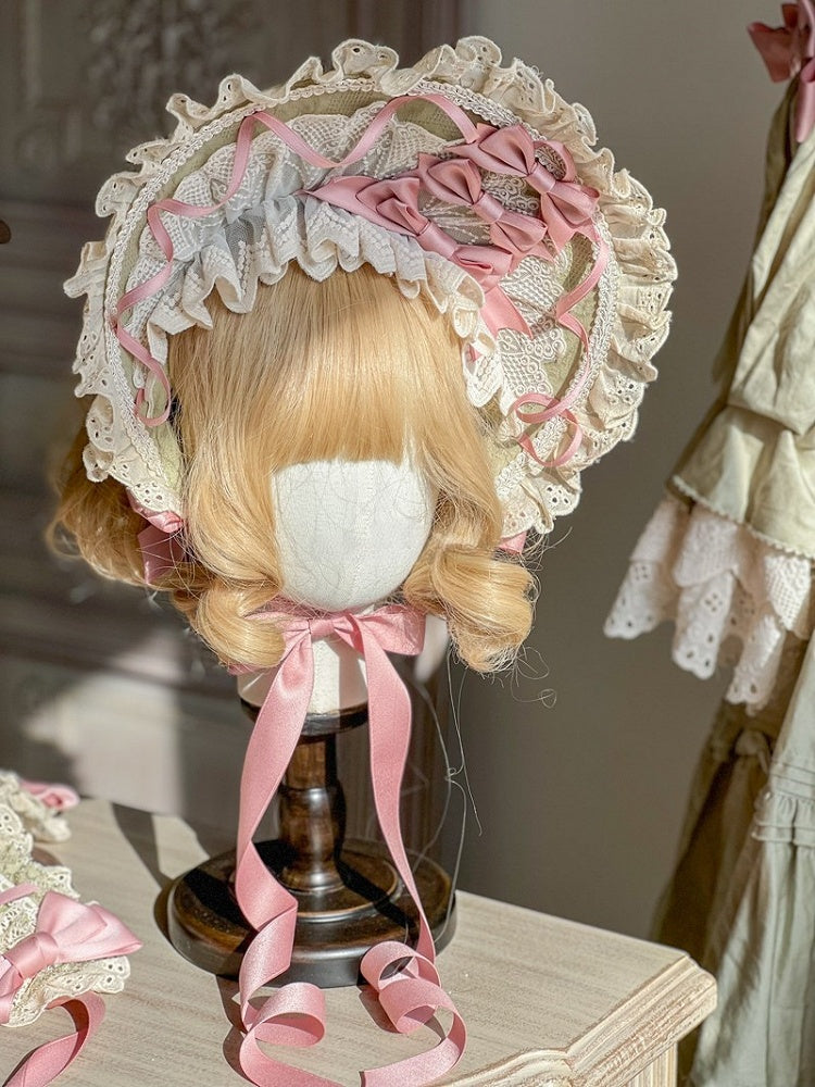 Green Bonnet and Lolita with Bows Country Trim Pink White Lace