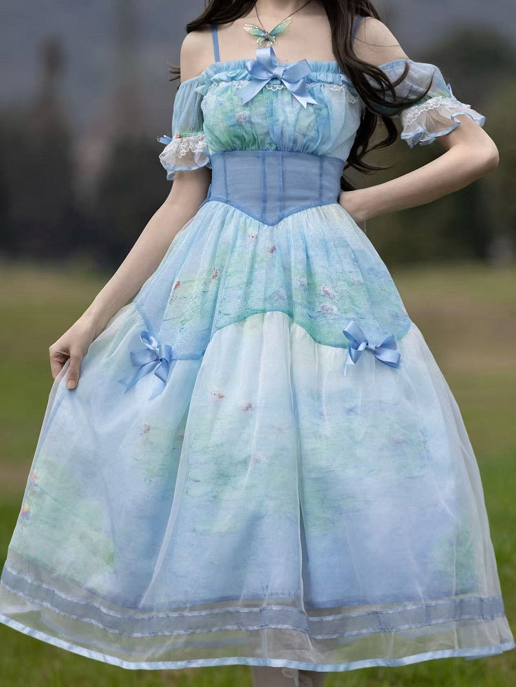 Water Lily Print Basque Waist Sky Dress with Organza Overlay Oil Painting Blue