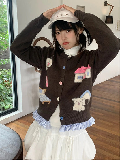 Gray Print Button Home Sweater Warm with Front