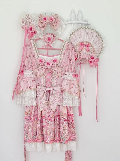 Rosafarbenes Lolita-Kleid mit Rosettendruck, inspiriert von der Rokoko-Mode, quadratischer Ausschnitt, Glockenärmel, OP/komplettes Set