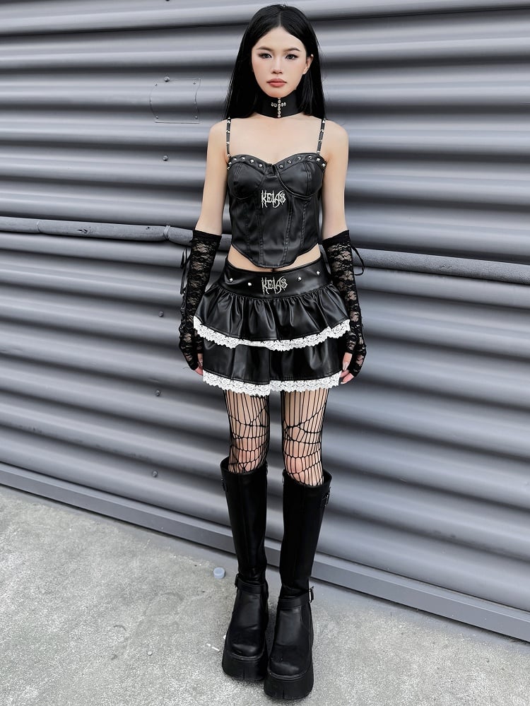 Black Studs Design Punk Rock High Waist Tiered Mini Skirt Lace Trim