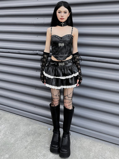 Black Studs Design Punk Rock High Waist Tiered Mini Skirt Lace Trim