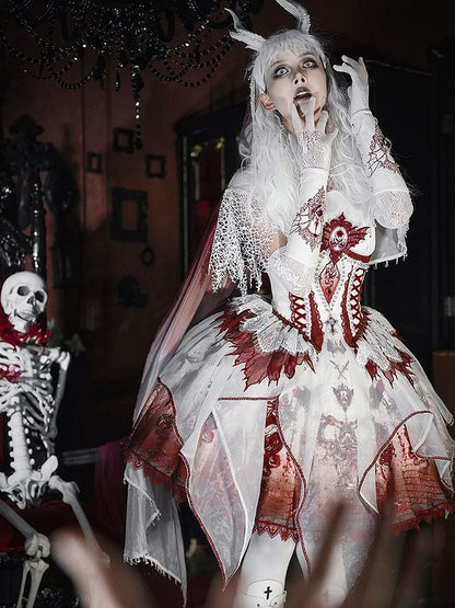 Red & White Bone Dragon Embroidery Halter Neck Gothic Lolita Dress Set - Ying Luo Fu