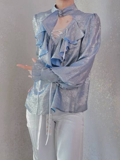 Pirate Light Blue Vibes Lolita with Collar Shirt Sleeves Lace-Up Long and Ouji Buckled